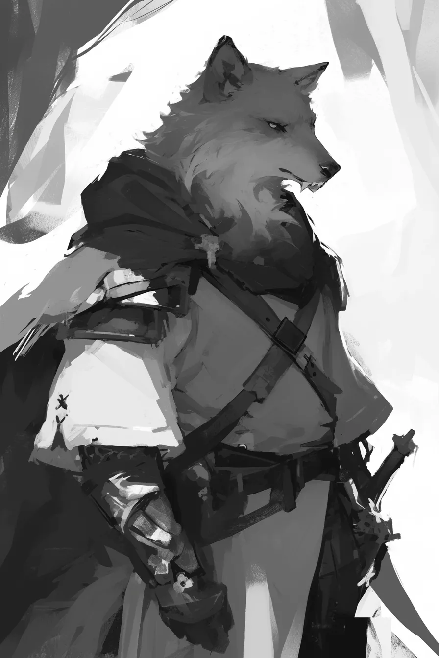 鎧を纏う戦士風の狼の絵｜モノクロームで描かれた狼の絵は、力強さと神秘性を融合させたデザインです。ゲームやエンターテインメント業界でのビジュアル表現に効果的なビジネス素材です。
