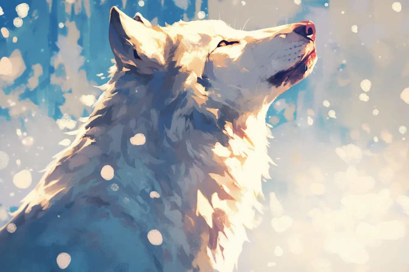 雪を浴びる白い狼の絵｜柔らかな光に包まれた白い狼の絵は、幻想的で神秘的な雰囲気を演出しています。静けさと力強さを両立させ、広告やヒーリング関連の素材として活用可能です。