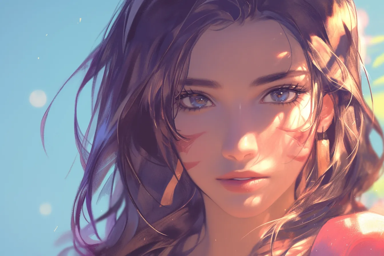 光差す女性の顔の絵｜自然光が差し込むような表現で描かれた顔の絵です。柔らかな表情と鮮やかな色合いが印象的で、旅行やライフスタイル関連の広告に適した素材です。
