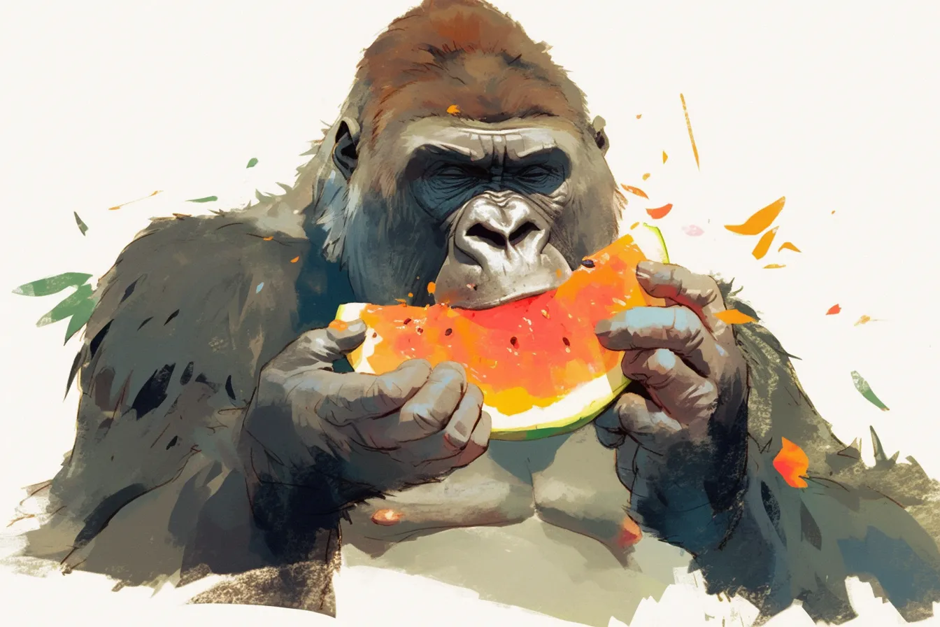 スイカを食べるゴリラの絵｜コミカルで親しみやすい表現のゴリラの絵は、ユーモアと温かみを演出します。食品やエンタメ関連のプロモーションに効果的です。