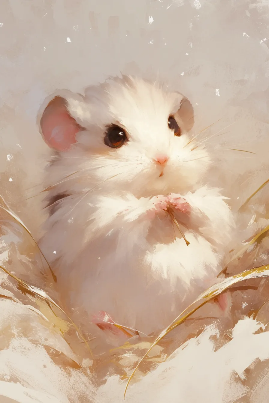 冬を感じさせるハムスターの絵｜白を基調に描かれたハムスターの絵は、雪景色を思わせる透明感のあるタッチが印象的です。清潔感や季節感を演出し、冬のキャンペーンや商品訴求のビジネス素材として最適です。