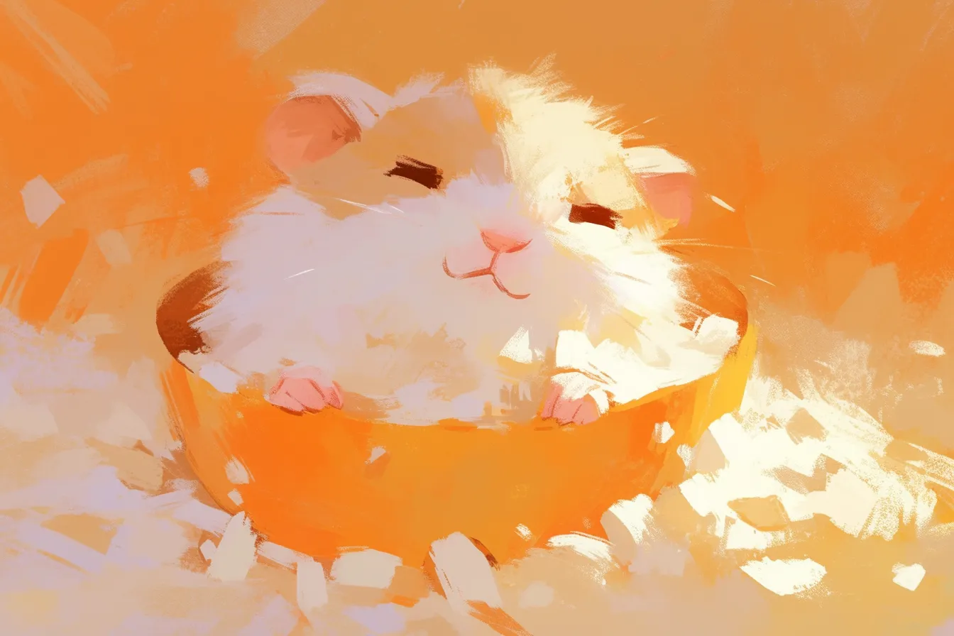 小さな器に収まるハムスターの絵｜カラフルな背景に描かれたハムスターの絵は、 playful な印象を与えます。ポップな雰囲気が目を引き、SNS向けのビジュアルや子供向け商品プロモーション素材として活用可能です。