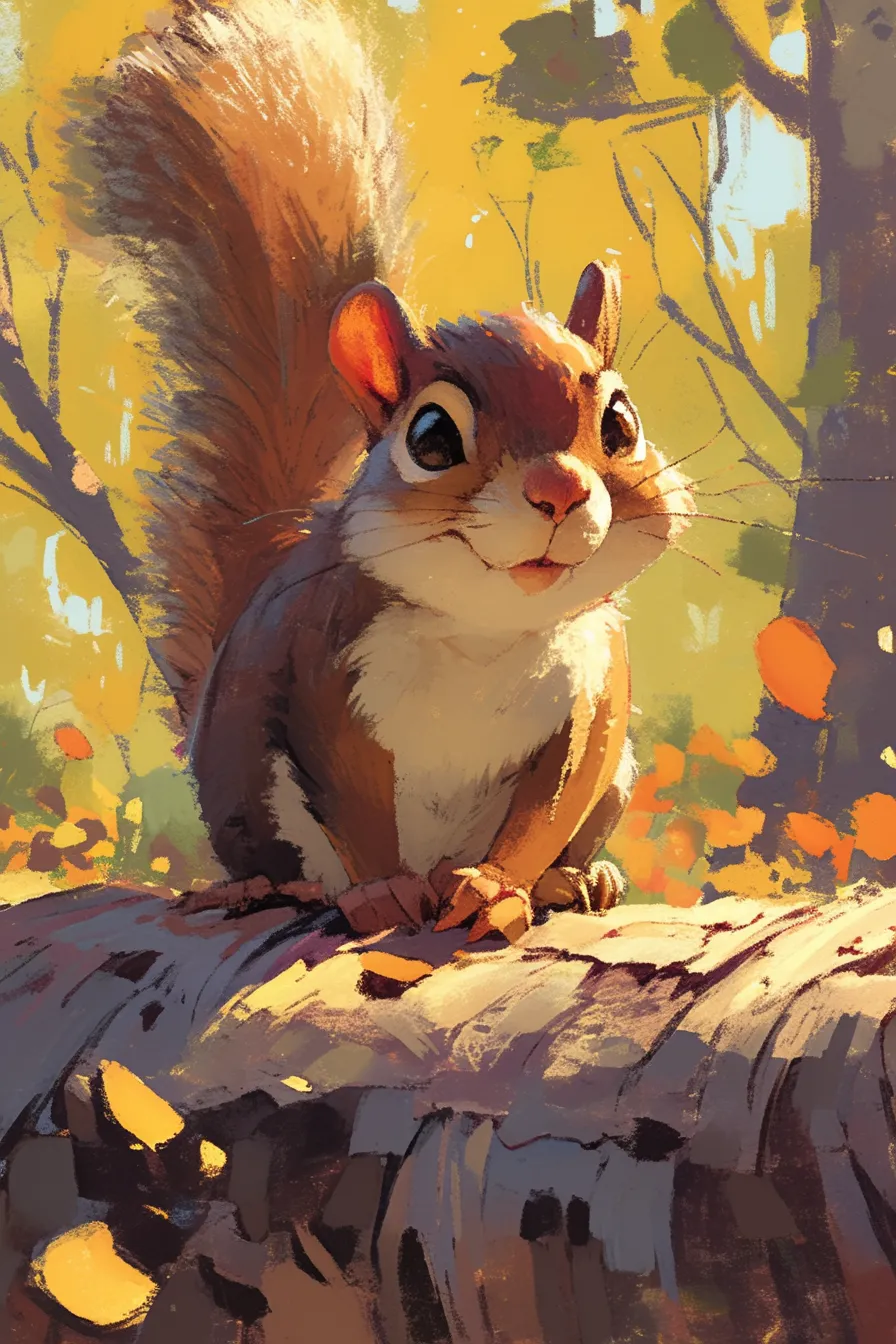 秋の森に佇むリスの絵｜暖色を基調とした背景に描かれるリスの絵は、鮮やかな紅葉と共に親しみやすさを演出します。自然や季節感を表現するビジネス素材として広告やイベント告知に活用できます。