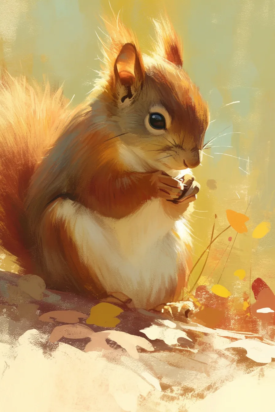 木の実を持つリスの絵｜光を浴びながら木の実を手にするリスの絵は、豊かさや収穫のイメージを伝えます。食品や自然素材を扱うビジネスでの視覚的訴求に役立つデザインです。
