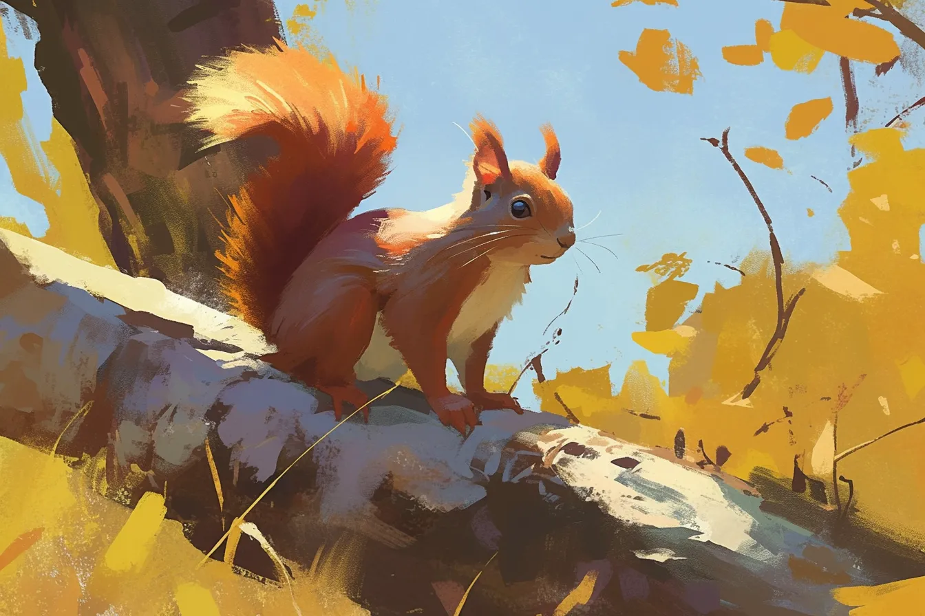 枝に佇むリスの絵｜青空と紅葉のコントラストの中で描かれるリスの絵は、爽やかで開放的な印象です。旅行やアウトドア関連のプロモーションに適したビジネス素材です。