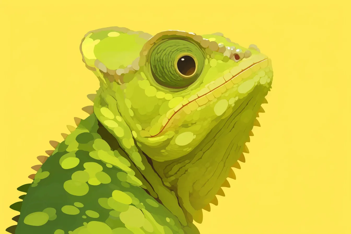 シンプルな背景のカメレオンの絵｜黄色の背景に映えるカメレオンの絵は、情報を際立たせるシンプルなデザインとして使いやすく、企業プレゼン資料などに有効なビジネス写真素材です。