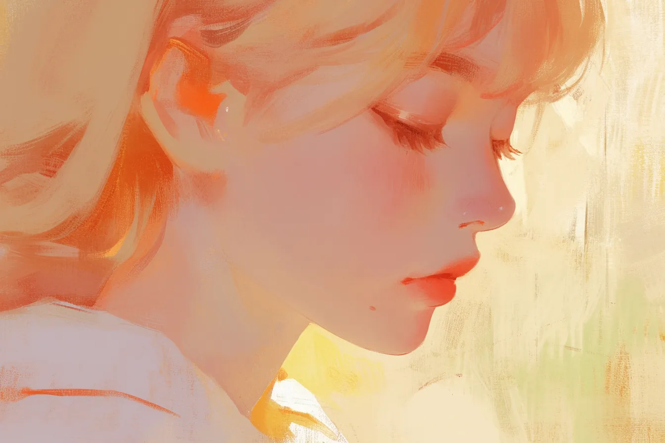 光を浴びる女性の横顔の絵｜柔らかな光と繊細なタッチで表現された横顔の絵です。ナチュラルで上品な雰囲気があり、美容やライフスタイル関連のビジネスに適しています。