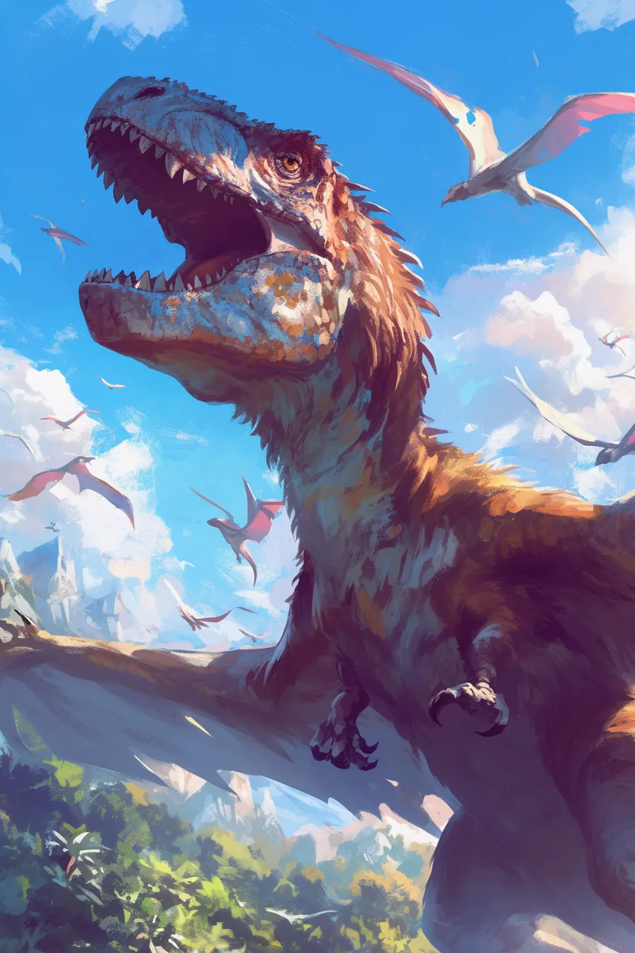 迫力満点の恐竜の絵の素材｜青空を背景に大きく描かれた恐竜の絵は力強さと臨場感があり、エンタメや教育関連の広告に適したビジネス写真素材です。