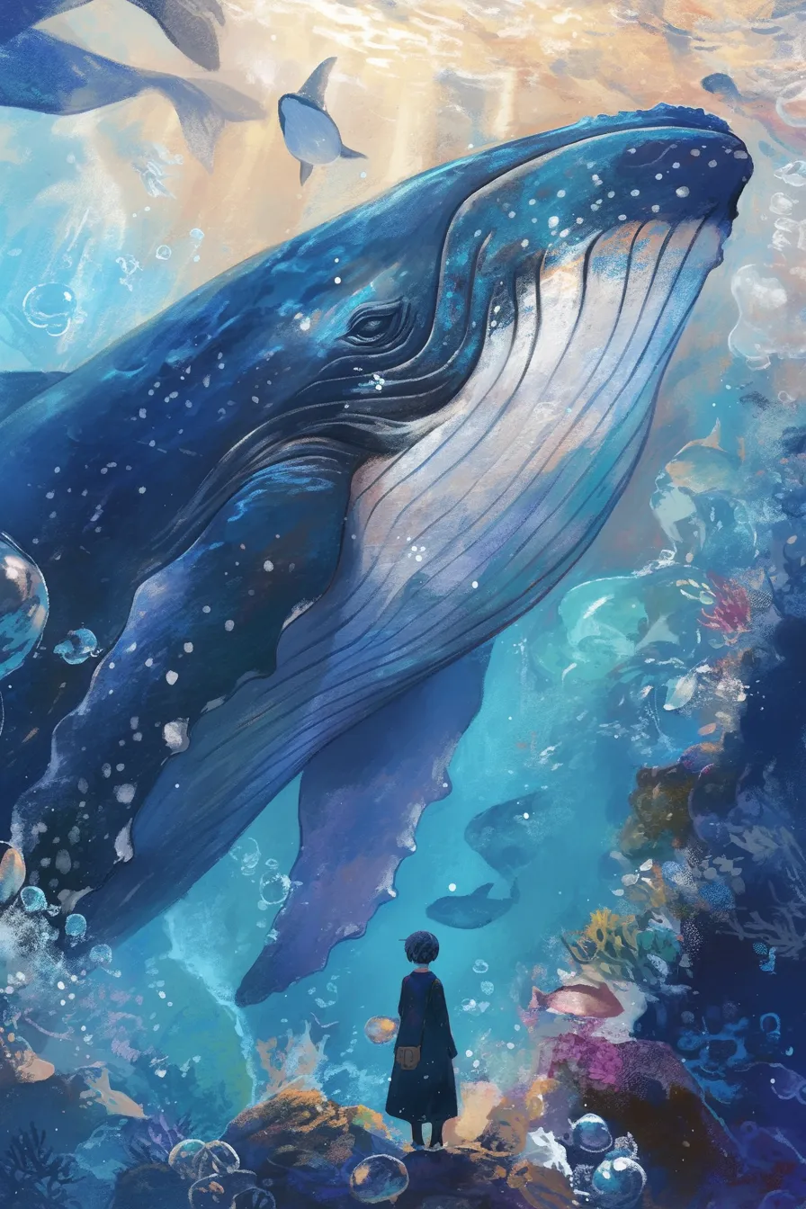 幻想的に描かれたクジラの絵の素材｜深海の中で人と共に描かれたクジラの絵は幻想的な雰囲気があり、教育やエンタメのビジュアル表現に適したビジネス写真素材です。
