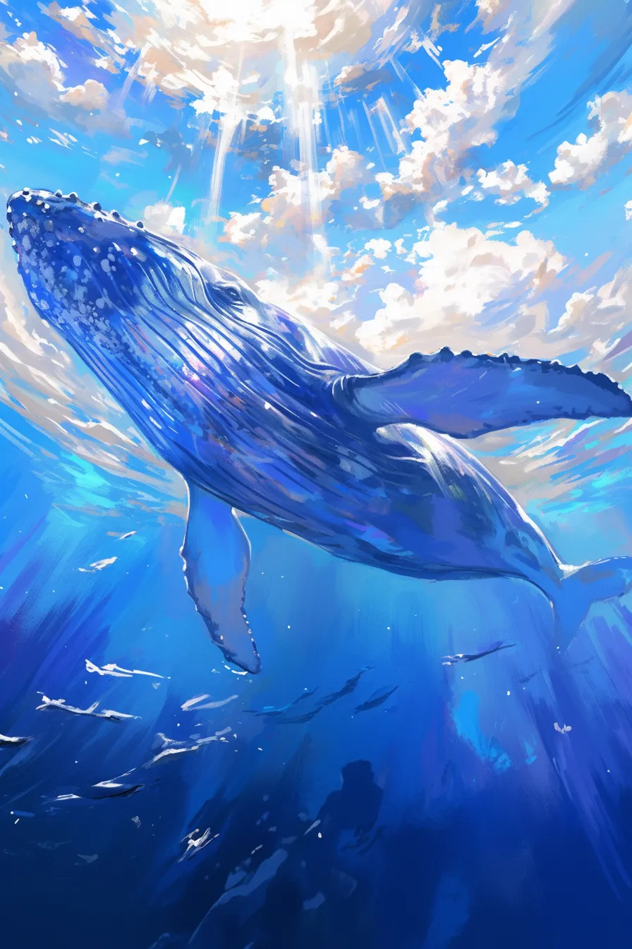 光差す海中を泳ぐクジラの絵｜太陽光が差し込む海を優雅に泳ぐクジラの絵は清涼感と壮大さを兼ね備え、広告や環境啓発に活用できるビジネス写真素材です。