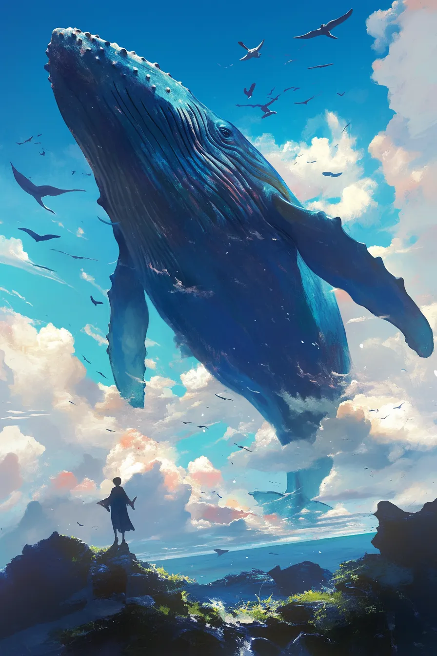 空を舞うようなクジラの絵の素材｜雲間を抜けるように描かれたクジラの絵は非現実的な壮大さが際立ち、イベントやポスターに映えるビジネス写真素材です。