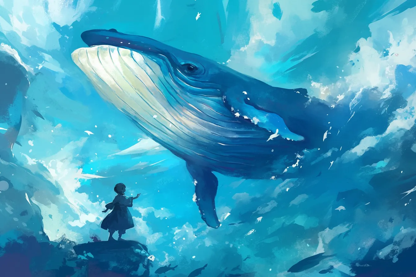 水面近くを漂うクジラの絵の素材｜人物との対比で迫力を演出したクジラの絵はスケール感を強調し、教育資料や観光関連の広告に適したビジネス写真素材です。
