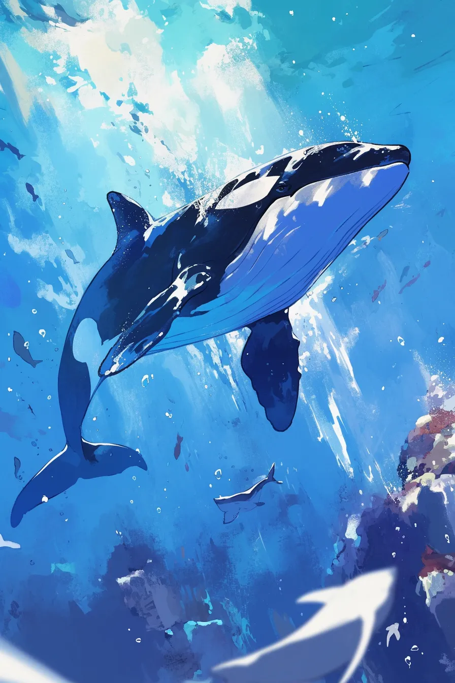 ダイナミックに泳ぐシャチの絵｜水中を力強く泳ぐシャチの絵は迫力ある構図で描かれ、広告や教育関連のビジュアルに適したビジネス写真素材です。