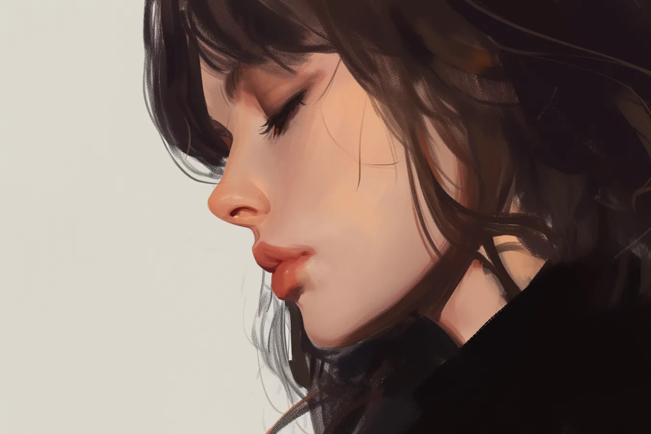落ち着いた表情の横顔の絵｜自然な色合いと静かな表情が魅力的な横顔の絵です。シンプルで高級感のある印象を与え、企業イメージやブランド戦略に活用できます。