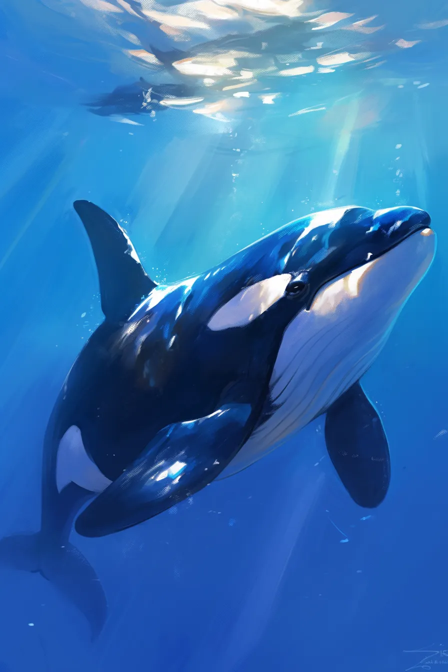 光に包まれるシャチの絵の素材｜水面から差し込む光に照らされたシャチの絵は神秘的な雰囲気を持ち、環境啓発や展示に適したビジネス写真素材です。