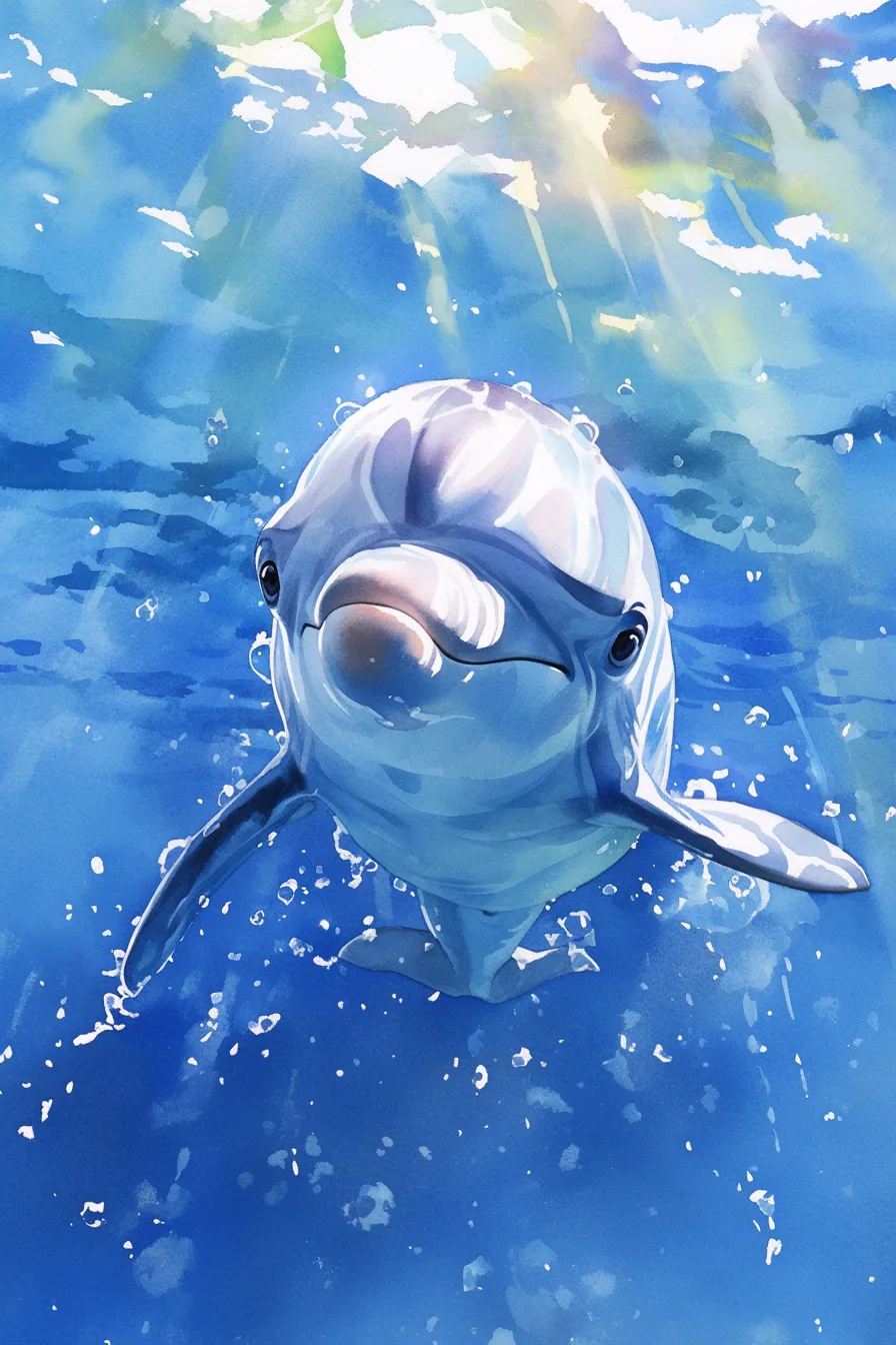 正面から描かれたイルカの絵｜水面近くで正面から表現されたイルカの絵は親しみやすさが強調され、子供向けコンテンツや観光案内に適したビジネス写真素材です。