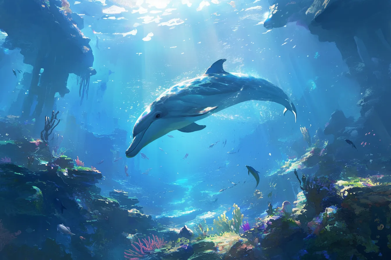 幻想的な海中のイルカの絵｜光が差し込む海中で描かれたイルカの絵は幻想的で神秘的な雰囲気を持ち、展示やアート関連のビジネス素材として映えます。