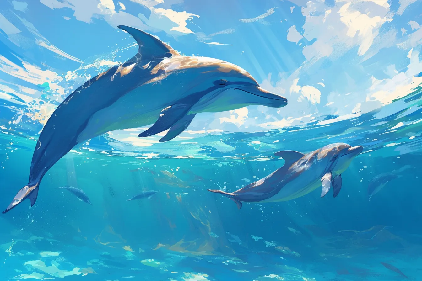 のびやかに泳ぐイルカの絵の素材｜開放的な海を自由に泳ぐイルカの絵は爽やかでダイナミックな印象を与え、旅行やレジャー関連の広告に適したビジネス写真素材です。