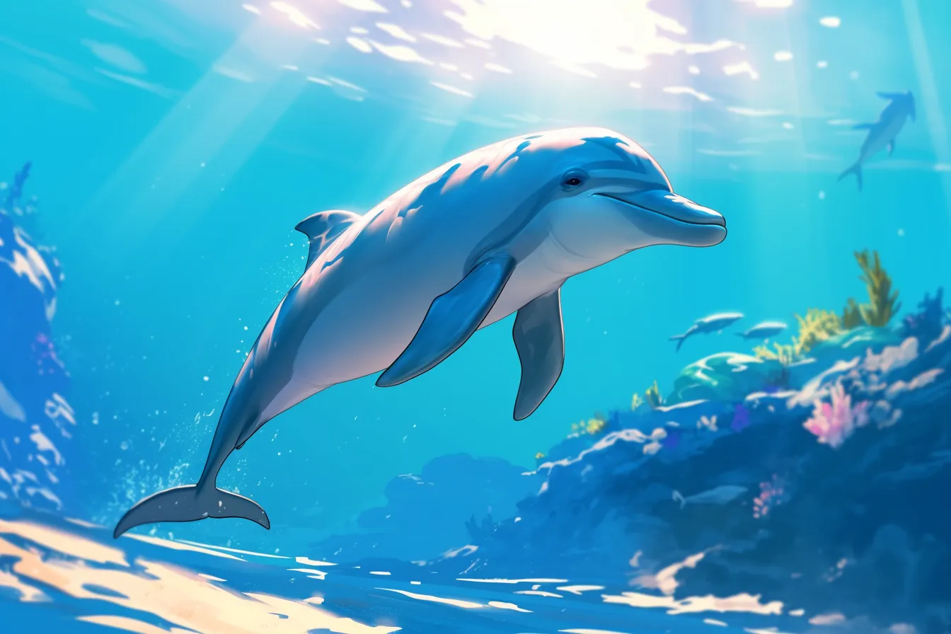 明るい海中のイルカの絵の素材｜光に包まれて泳ぐイルカの絵は清涼感があり、教育資料や環境啓発、観光ポスターに活用しやすいビジネス写真素材です。