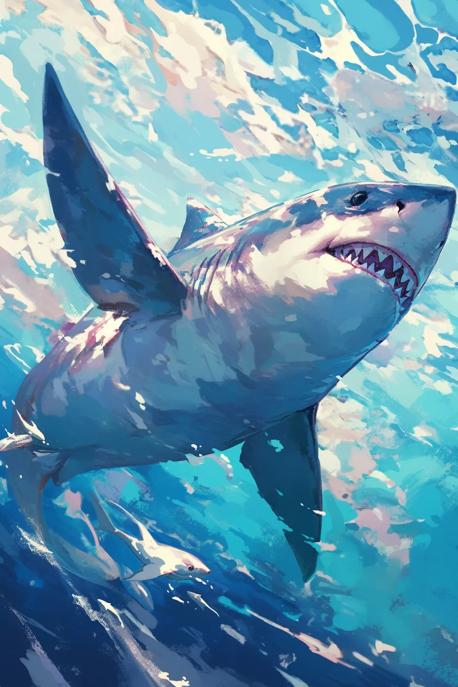 迫力あるサメの絵の素材｜鋭い歯と力強い泳ぎを描いたサメの絵は臨場感にあふれ、映画やイベントの宣伝素材としてインパクトを与えるビジネス写真素材です。
