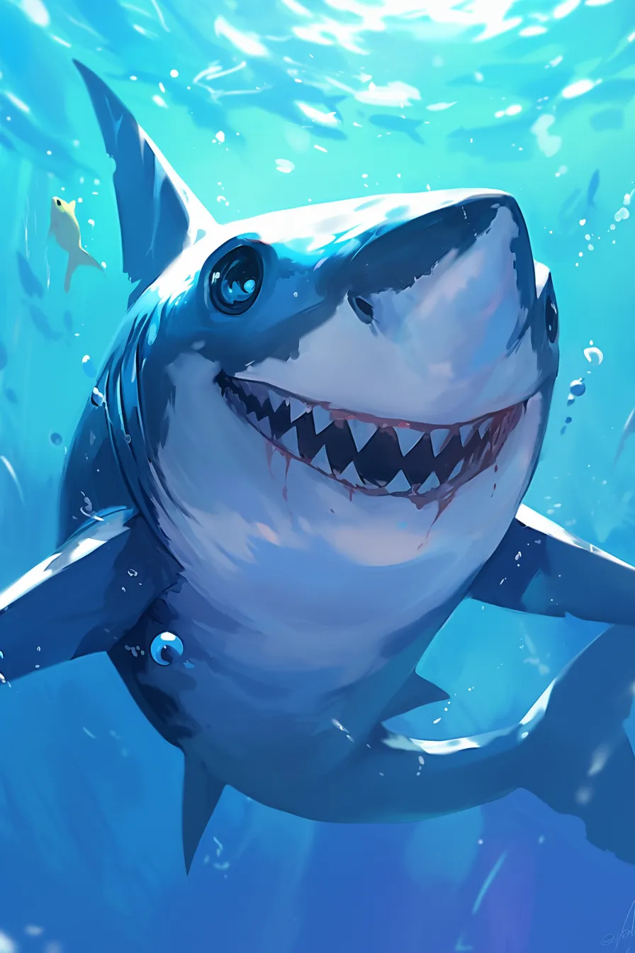 ユーモラスに描かれたサメの絵｜大きな瞳と表情豊かな顔が印象的なサメの絵はユーモラスで、子供向け教材やポップカルチャー関連に適したビジネス写真素材です。
