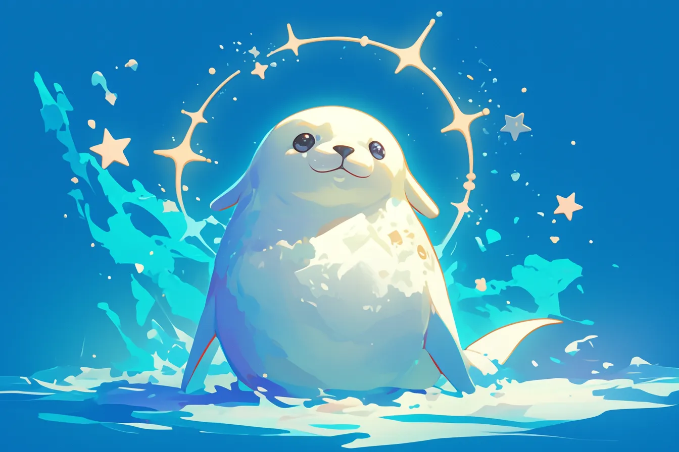 幻想的に輝くアザラシの絵｜星や光に囲まれて描かれたアザラシの絵は幻想的でキャラクター性が強く、広告やグッズ展開に適したビジネス写真素材です。