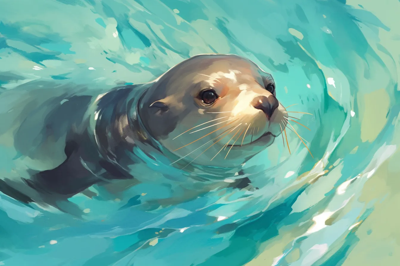 水面を漂うアザラシの絵の素材｜柔らかな光の中で泳ぐアザラシの絵は親しみやすく温かみがあり、子供向けコンテンツや環境啓発に活用できるビジネス写真素材です。
