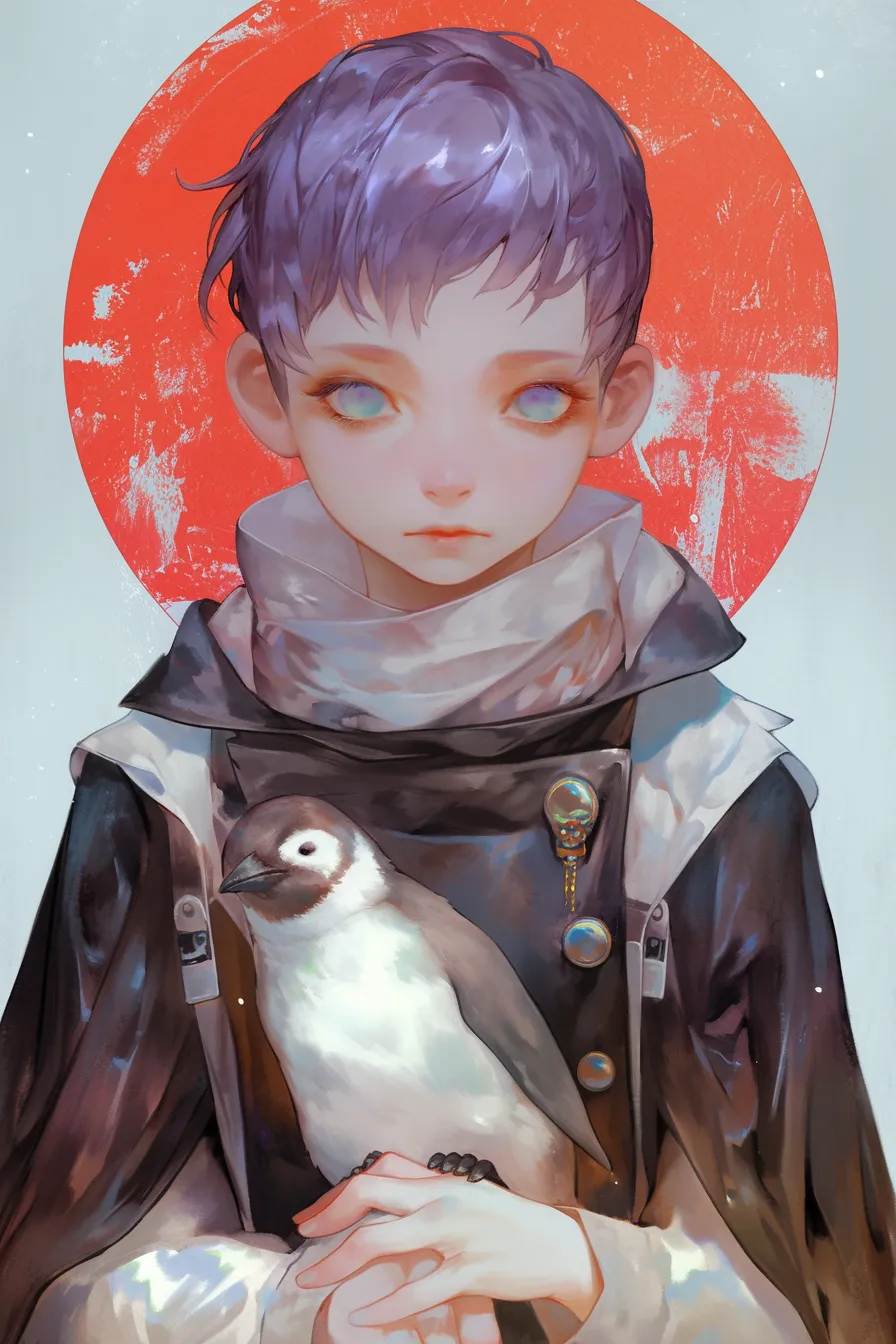 幻想的な少年とペンギンの絵｜鮮やかな赤い背景に浮かび上がる少年と小さなペンギンを描いた構図。幻想的でアート性が高く、ビジネス写真素材としても独自の印象を与えるペンギンの絵です。