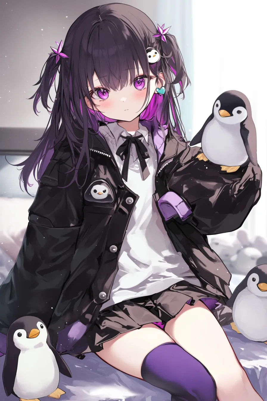 可愛らしい少女とペンギンの絵｜紫の髪の少女とぬいぐるみのようなペンギンたちが組み合わさった柔らかい雰囲気の作品。キャラクター性と動物モチーフが融合したビジネス向けに使いやすいペンギンの絵です。