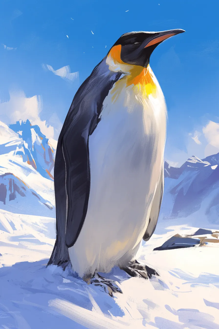堂々と立つ皇帝ペンギンの絵｜雪原と青空を背景に立つ皇帝ペンギンをリアル寄りに描写。堂々とした存在感が強調され、企業資料や広告にも応用できる高品質なペンギンの絵です。