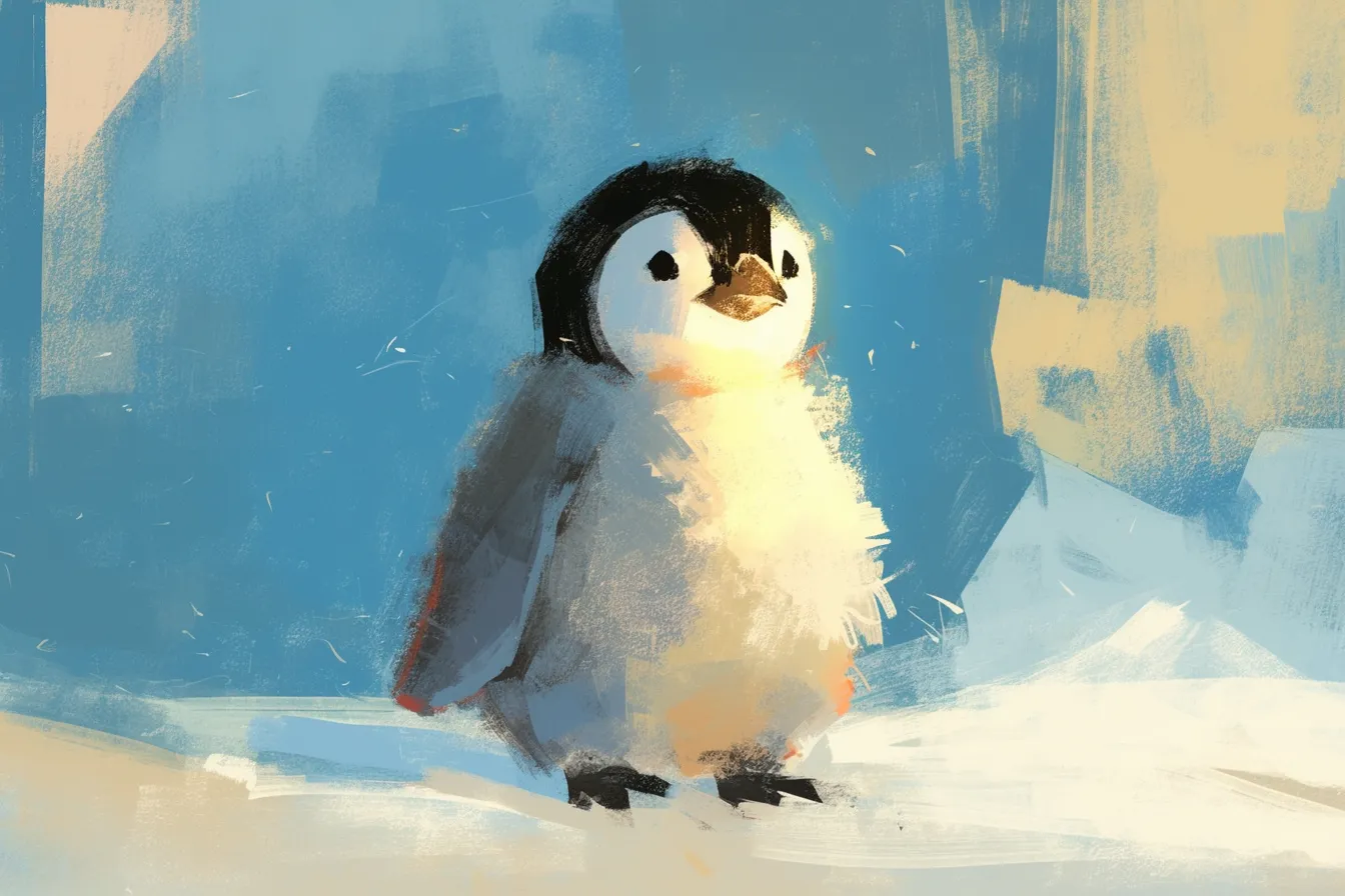 愛らしいヒナのペンギンの絵｜シンプルでラフなタッチながら、フワフワとした質感のヒナを描いた作品。温かみと可愛さが感じられ、親しみやすい素材として活用可能なペンギンの絵です。