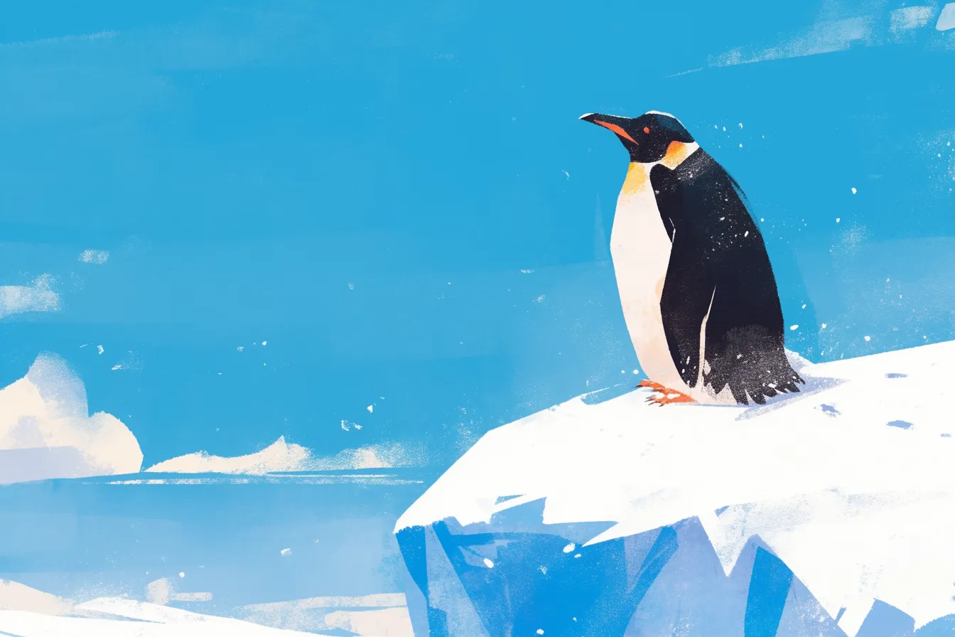 氷上に佇むペンギンの絵｜氷山の上から遠くを見渡すペンギンを簡潔なタッチで表現。爽やかで視覚的に訴求力があり、清涼感のあるデザイン素材として最適なペンギンの絵です。