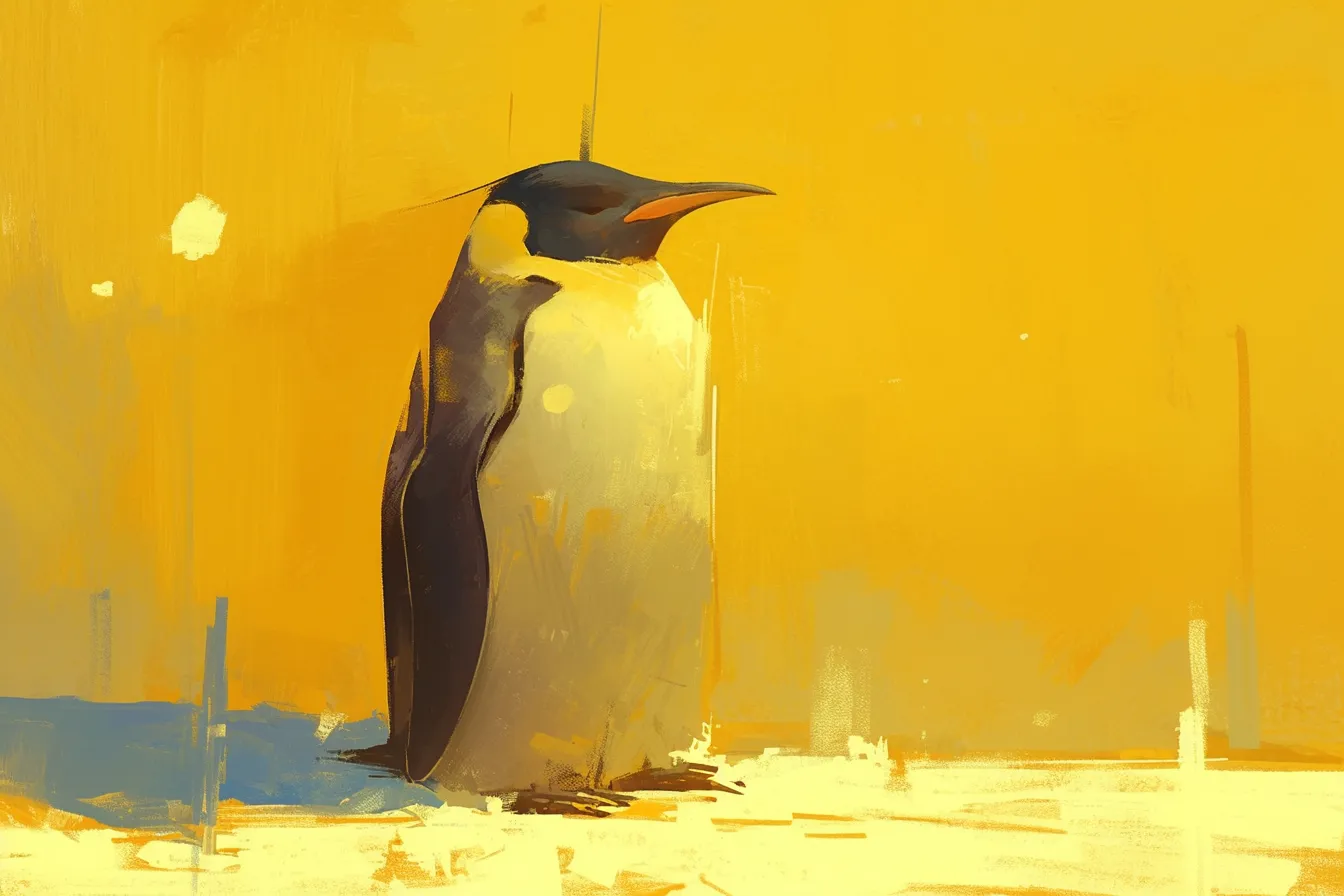 鮮やかな背景のペンギンの絵｜黄色を基調とした抽象的な背景に皇帝ペンギンを描いた作品。鮮烈な色彩とシンプルな構図が際立ち、広告やポスターに映えるビジネス素材のペンギンの絵です。