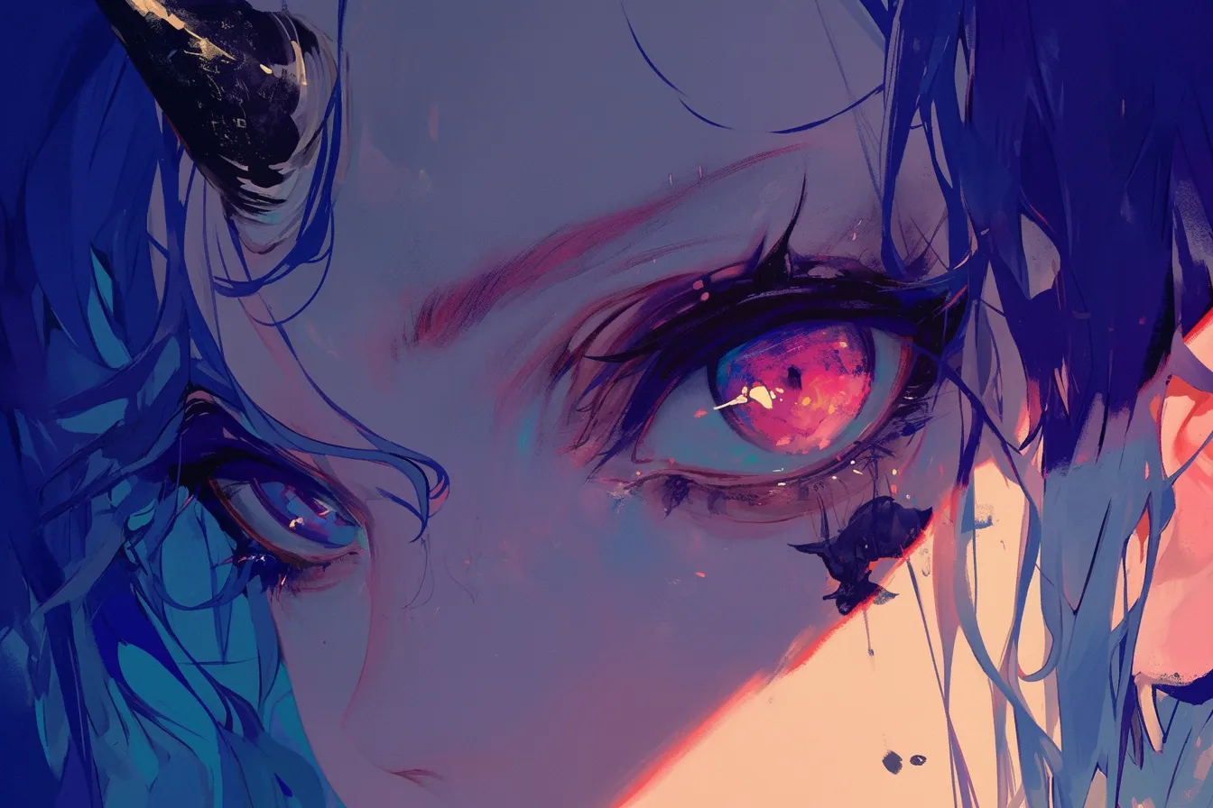 幻想的な青の目の絵｜鮮やかな青と紫を基調とした目の絵です。幻想的な輝きを持ち、デジタルアートやエンターテイメント関連のビジュアルに映えるデザインです。