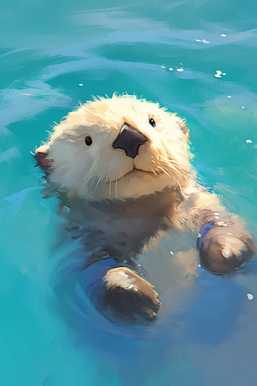 愛らしい視線のラッコの絵｜柔らかい毛並みと澄んだ水面を背景に描かれた構図で、ラッコの絵は親しみやすく温かみのある雰囲気を演出しています。ビジネス素材として動物のかわいらしさや癒やしを表現する場面に活用できます。