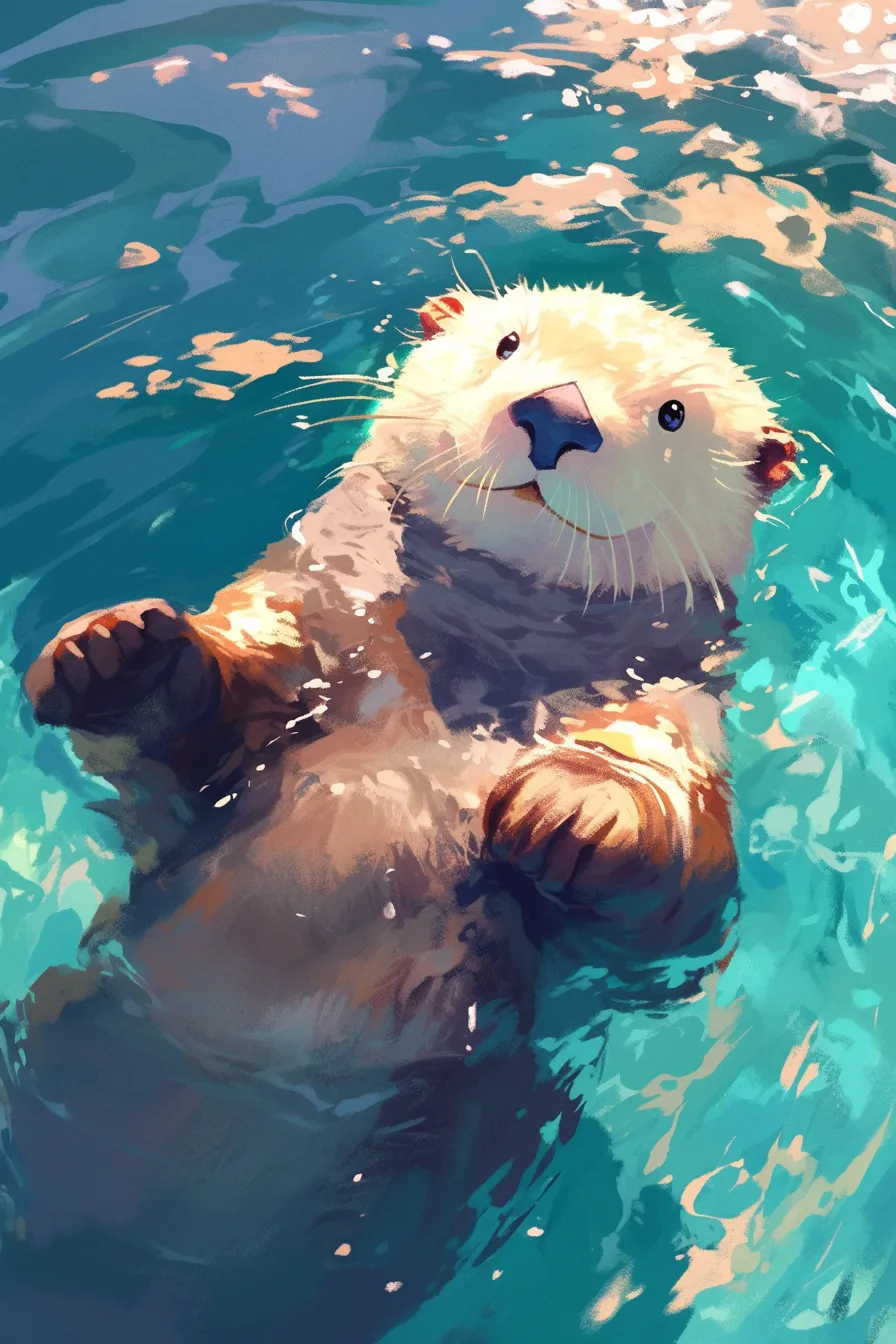 穏やかに浮かぶラッコの絵｜水面に反射する光を生かした明るい彩色で、ラッコの絵が自然で心地よいシーンを作り出しています。企業広告やリラックスをテーマにしたコンテンツに適した表現です。