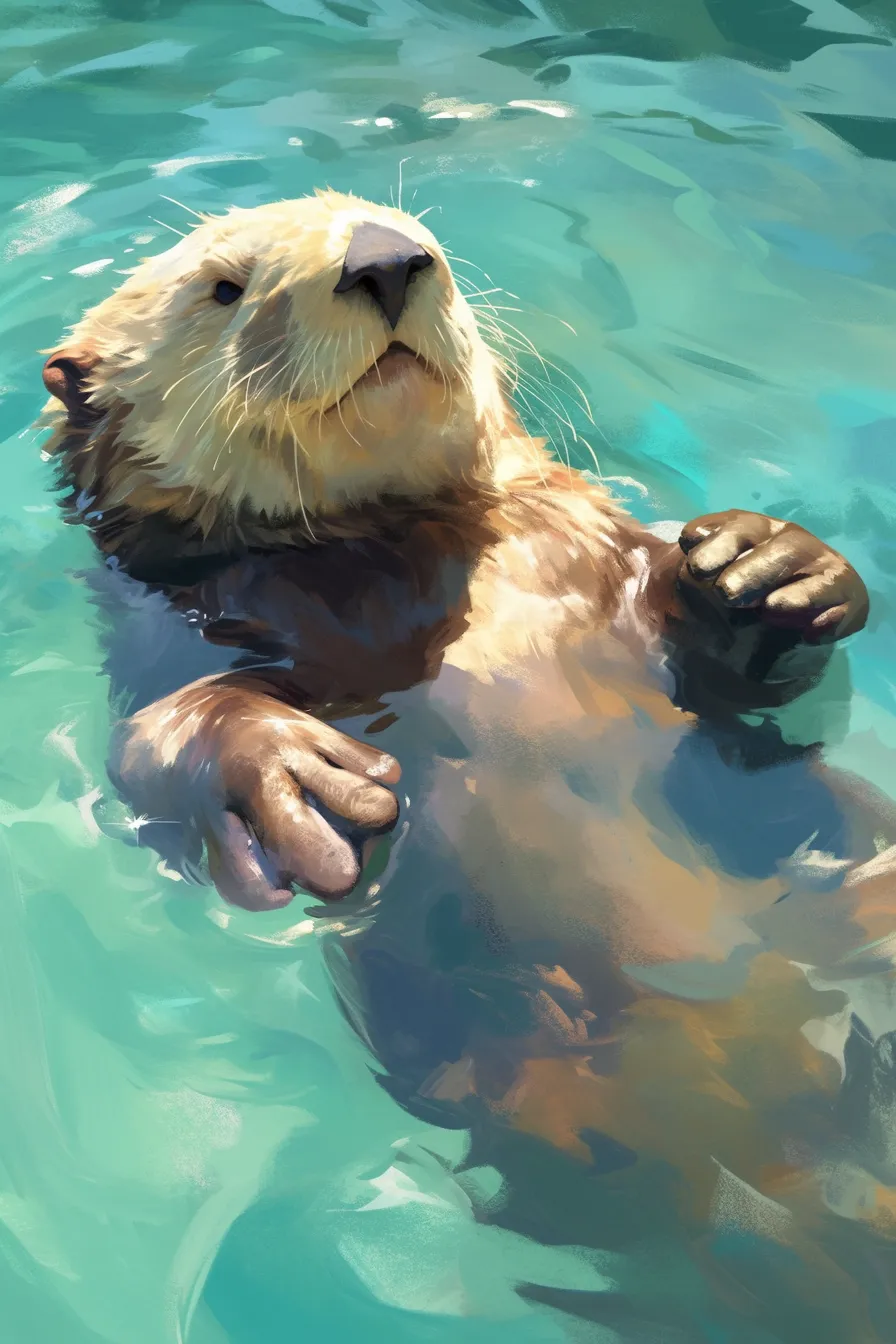 水上でくつろぐラッコの絵｜繊細な筆致で毛並みや水の表情が丁寧に描かれ、ラッコの絵にリアリティと温もりを感じさせます。環境保護や自然をテーマにしたビジネス素材としても利用価値があります。