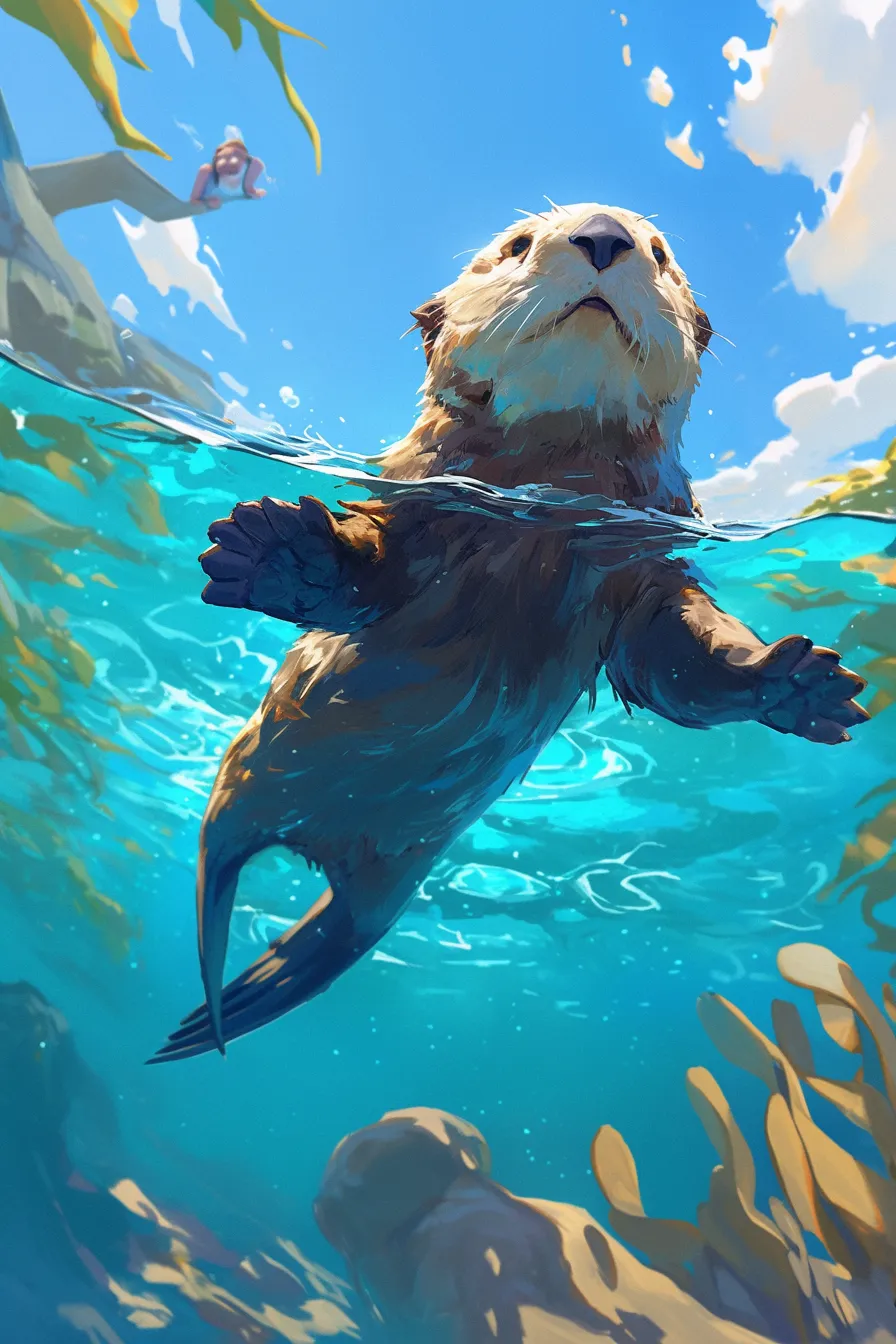 元気に泳ぐラッコの絵｜水面下からの視点を生かし、ラッコの絵が躍動感を持って描かれています。爽快で開放的な印象は、スポーツやライフスタイル関連の広告素材に最適です。