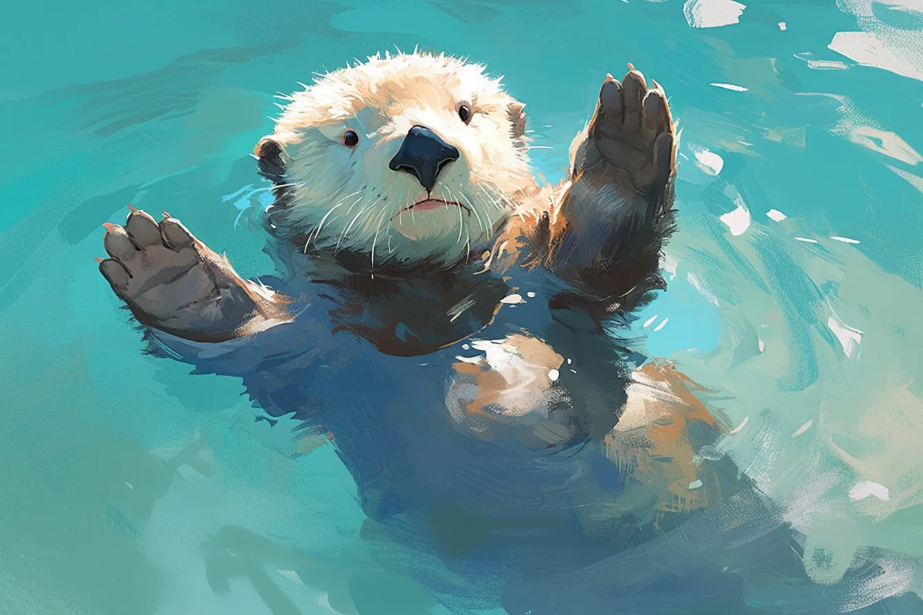 水面で手を広げるラッコの絵｜ダイナミックな構図で表現されたラッコの絵は、可愛らしさと自然の中での自由さを同時に描き出しています。教育や動物関連のプロモーションに適しています。
