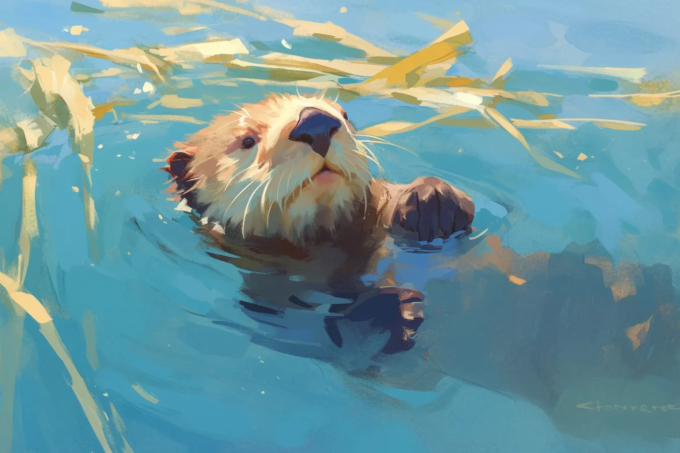 海藻と泳ぐラッコの絵｜海藻が揺れる水中環境を背景に、ラッコの絵がのびやかに描かれています。自然との共生をテーマにした広告やCSR素材として活用できる点が特徴です。