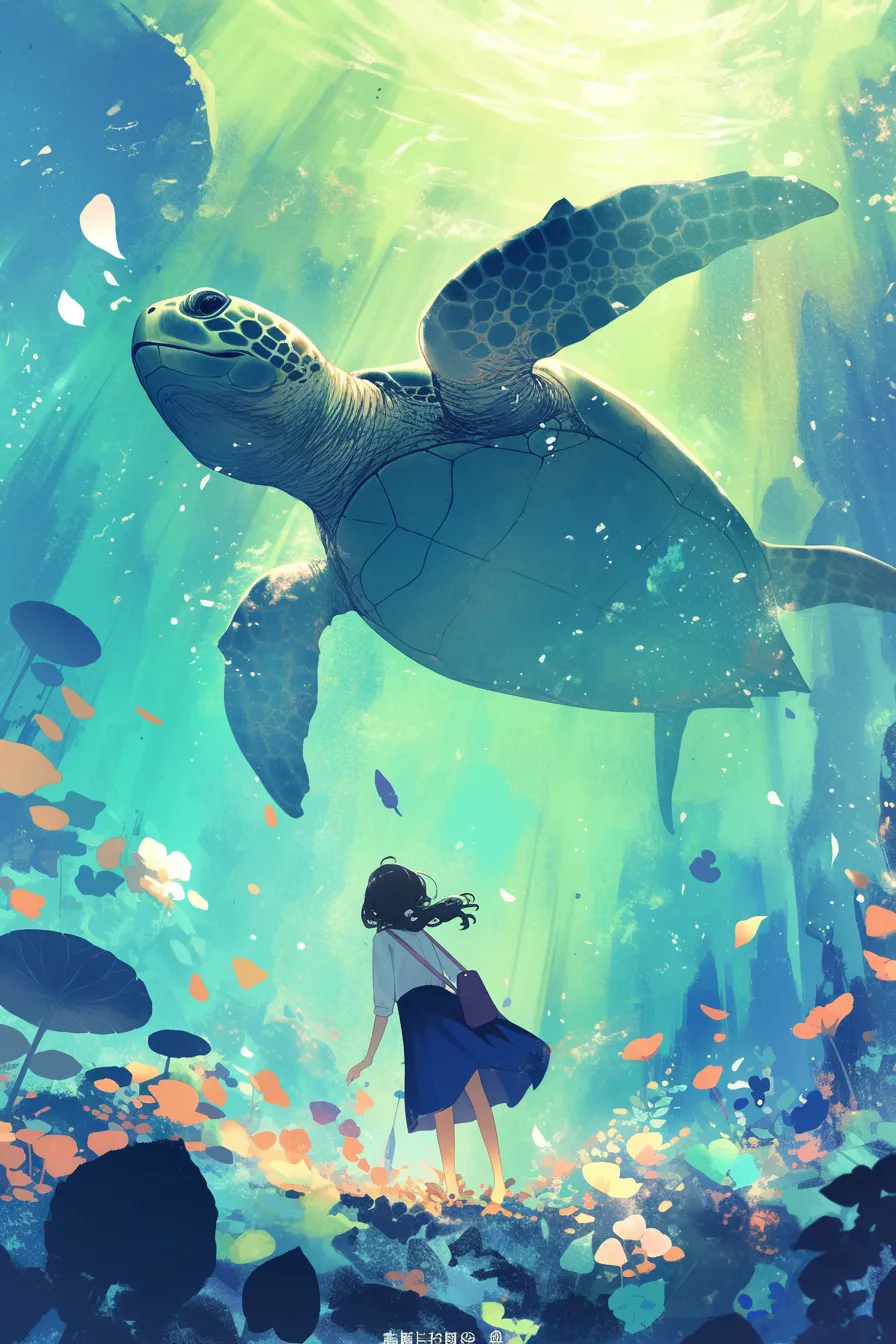 幻想的な海底に漂うカメの絵｜光に包まれた幻想的な水中で大きなカメが描かれ、アート性の高い構図が印象的です。自然と人の共存を感じさせるこのカメの絵は、広告やポスターなど幅広いビジネス素材として映えるビジュアルです。