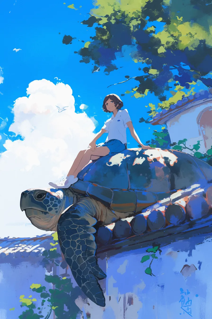 青空と共に佇むカメの絵｜青い空と白い雲を背景に、カメの背に座る人物が穏やかに描かれています。人と自然を結びつける温かみのあるタッチが特徴で、このカメの絵は教育や観光関連のビジネス素材にも最適です。