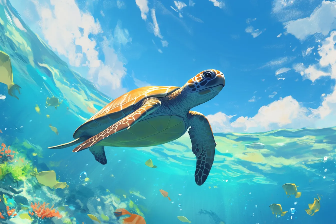 鮮やかな水中を泳ぐカメの絵｜透き通る海の中を優雅に泳ぐカメが明るい筆致で描かれ、周囲の魚たちが賑やかさを添えています。爽快感と自然美を兼ね備えたこのカメの絵は、旅行や環境保護関連の素材に効果的に活用できます。