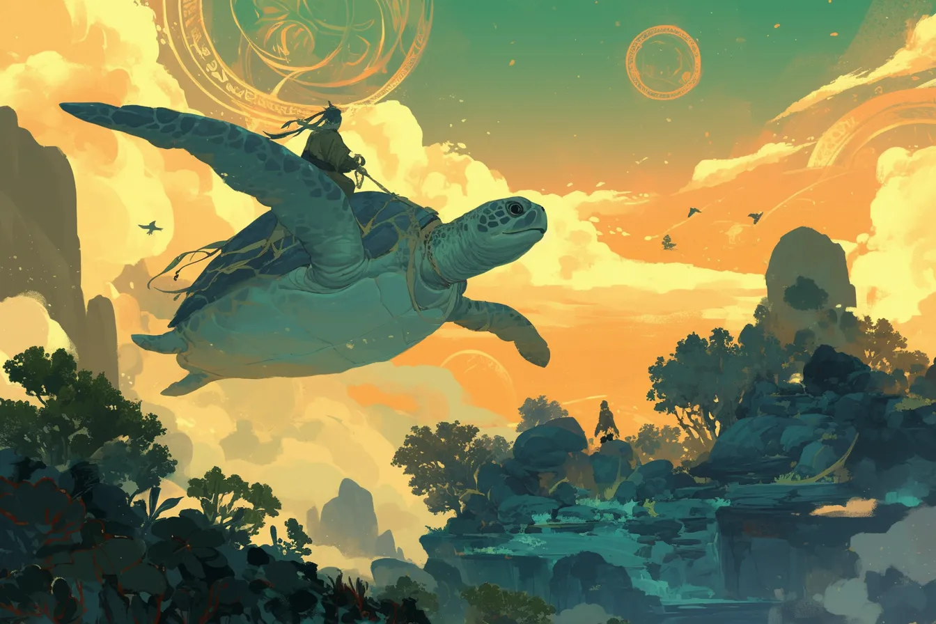 幻想世界を旅するカメの絵｜夕暮れの幻想的な空を舞う巨大なカメと人物が描かれ、壮大な物語性を感じさせます。独創性が高いこのカメの絵は、出版物や映像関連のビジネス素材としてインパクトを与えるデザインです。