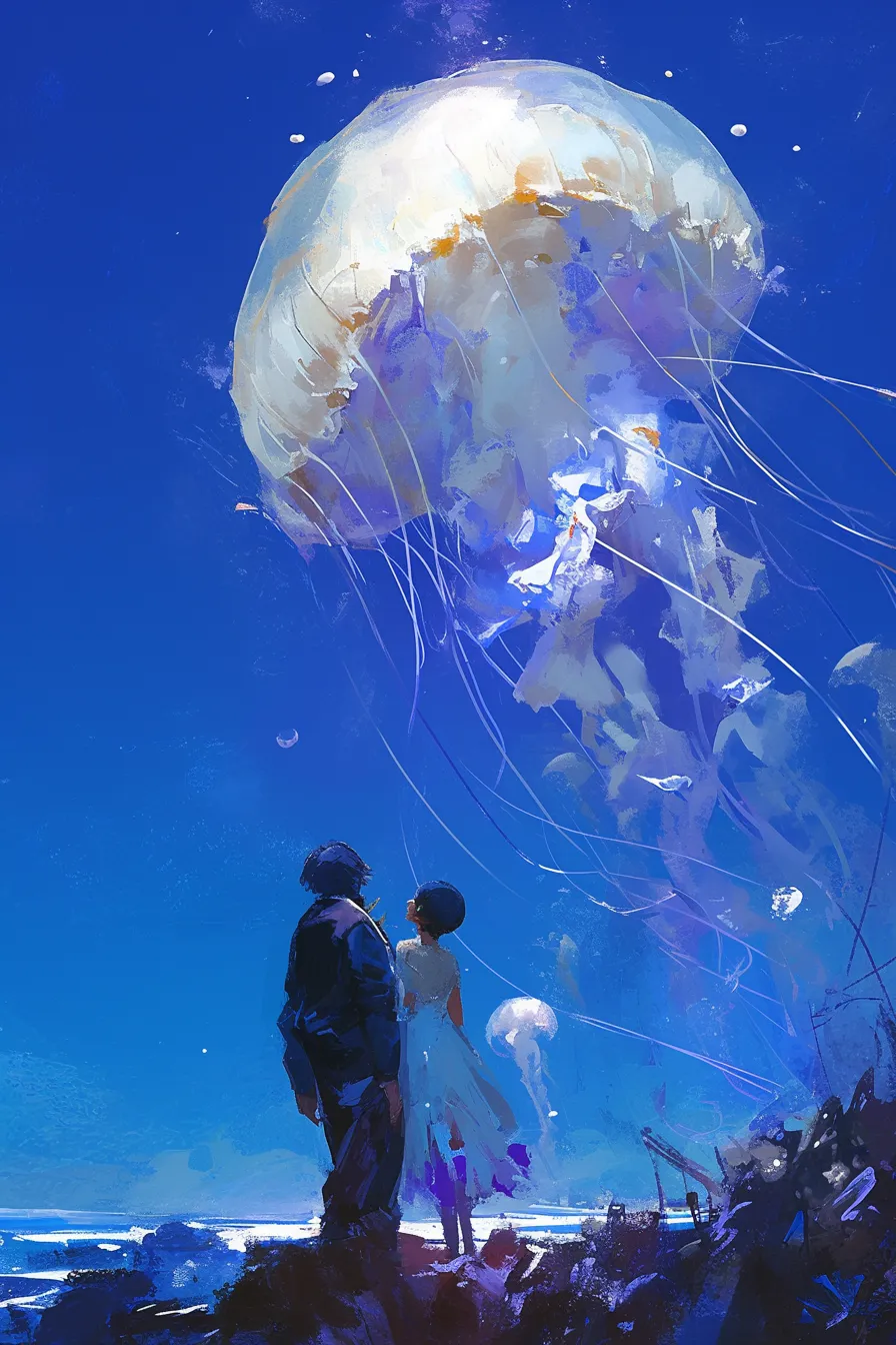 幻想的な夜空に浮かぶクラゲの絵｜深い群青の空を背景に巨大なクラゲが漂い、シルエットの人物と対比される構図です。ビジネス写真素材としては、非日常感やロマンチックな雰囲気を表現する用途に適したクラゲの絵です。