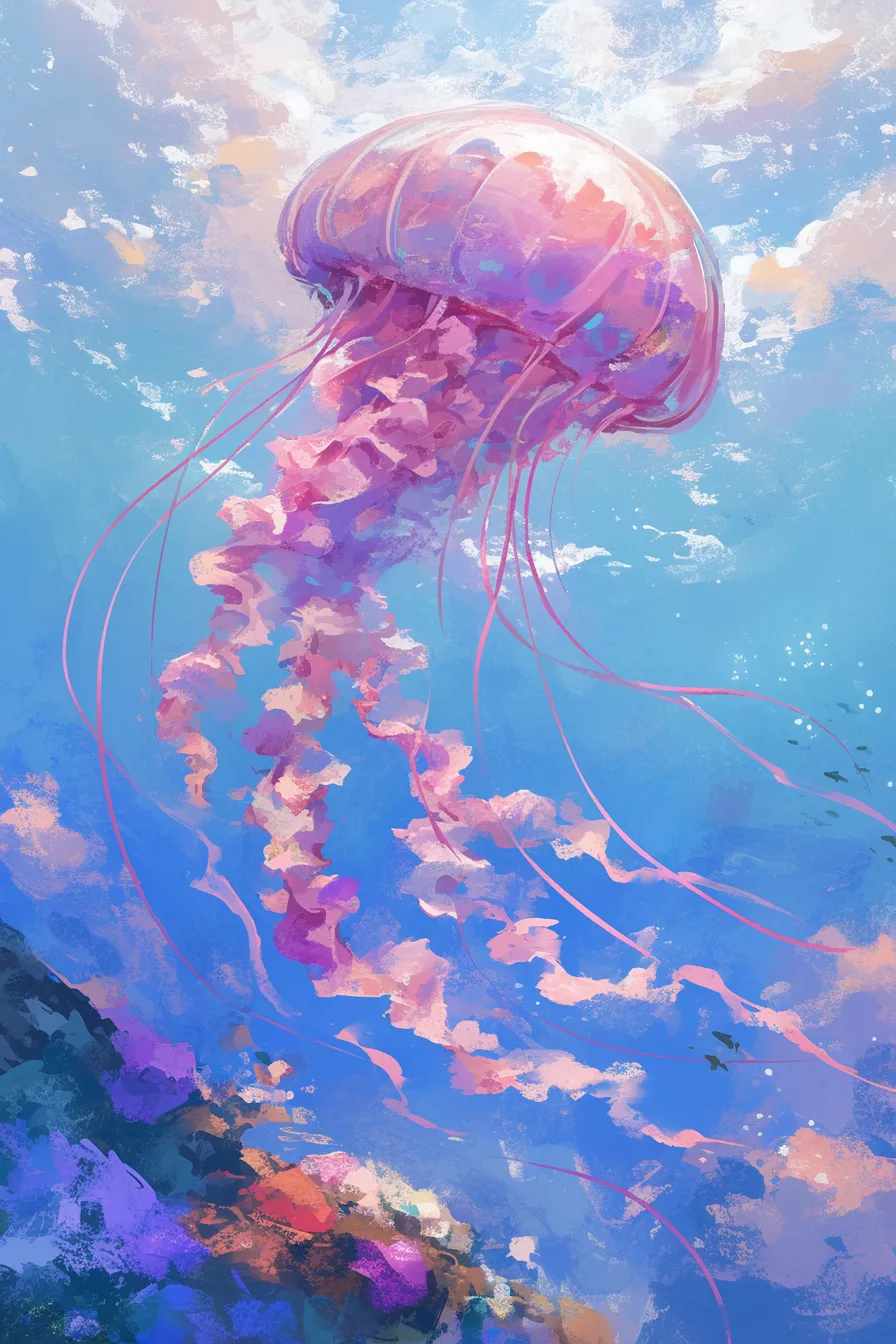 鮮やかな海中に広がるクラゲの絵｜ピンクと紫の色彩で描かれたクラゲが水中に優雅に揺れる姿です。幻想的なタッチと鮮明な発色が特徴で、広告やデザインに彩りを加える素材として魅力的なクラゲの絵です。