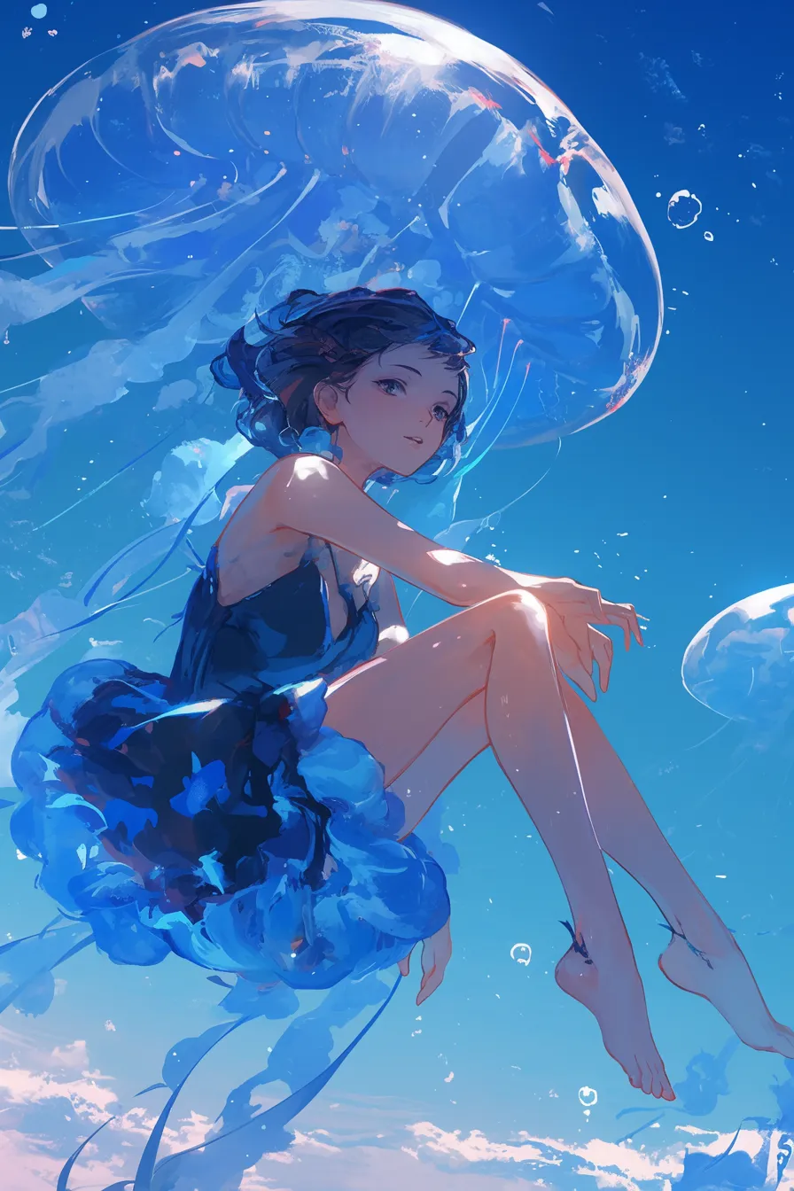 透明感ある女性とクラゲの絵｜クラゲと融合するような衣装の女性が描かれ、透明感のあるブルーが印象的です。ファッション性や幻想的なテーマに活かせるアート寄りのビジネス素材として使えるクラゲの絵です。