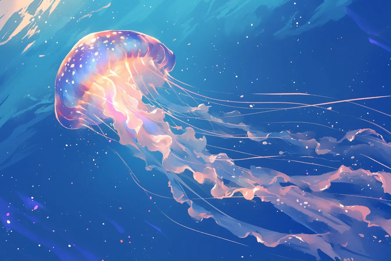 光を帯びる幻想的なクラゲの絵｜発光するような淡いピンクと青で描かれ、柔らかく水中に漂う姿が幻想的です。癒しやリラックスを演出するテーマに適したビジネス素材として使えるクラゲの絵です。
