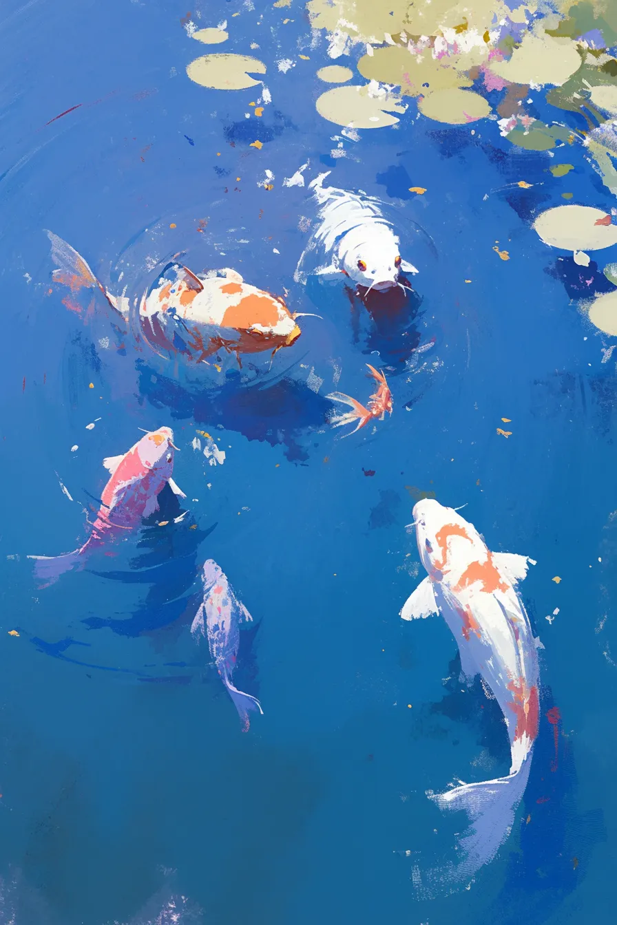 水面に集う鯉たちの魚の絵｜複数の鯉が穏やかに泳ぐ様子を描いた魚の絵で、青を基調とした鮮やかな色彩が印象的です。集団の調和や交流を連想させ、ビジネス素材として協調やチームワークを表現する際に適しています。