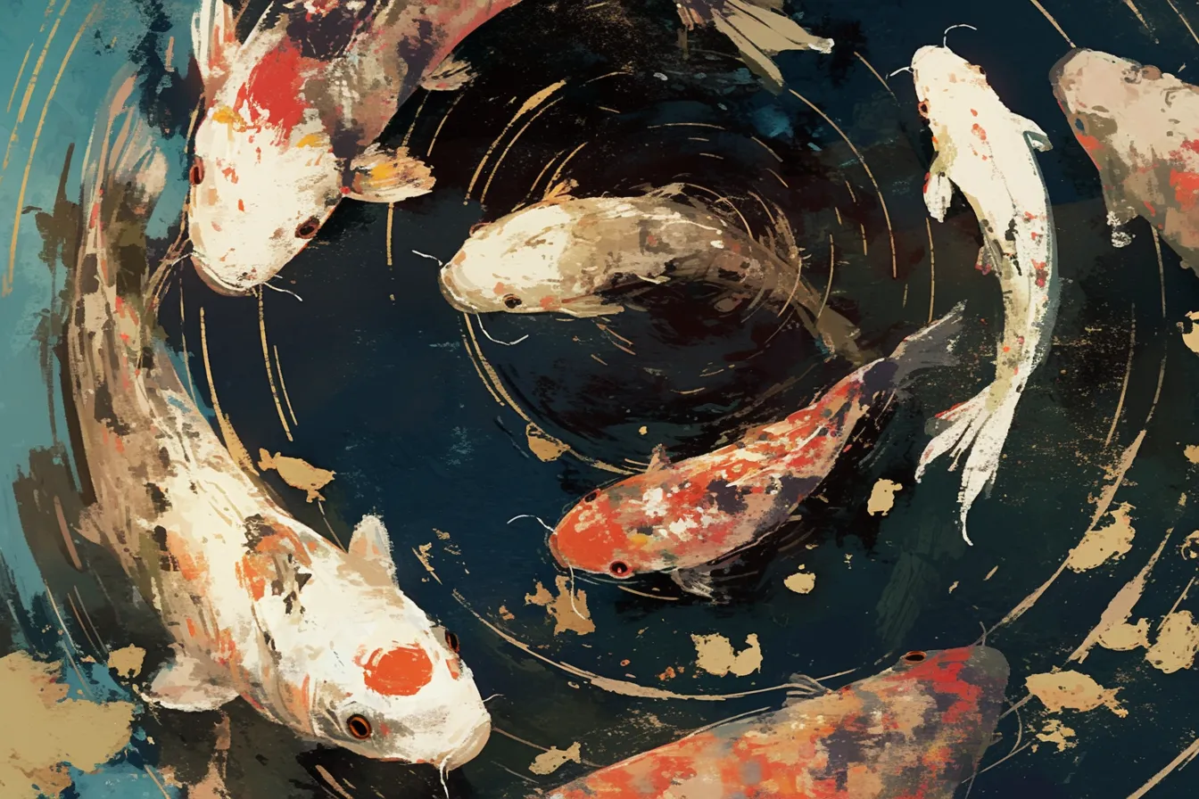 渦を描く鯉が魅力の魚の絵｜円形の水流と群泳する鯉を大胆に配置した魚の絵で、動きとエネルギーを強調しています。力強い筆致と抽象的な構成が動的な印象を与え、ビジネス利用では革新性や挑戦をイメージさせる素材になります。
